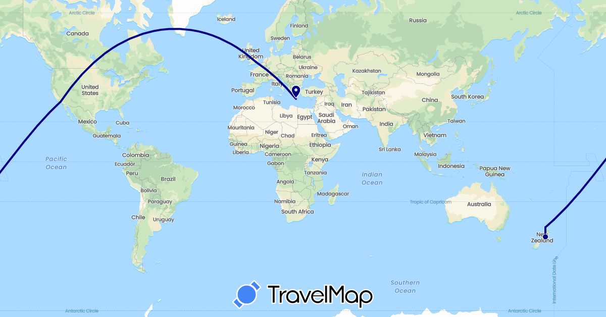 TravelMap itinerary: driving in United Kingdom, Greece, New Zealand, United States (Europe, North America, Oceania)